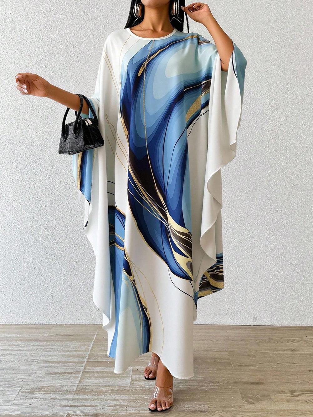 Foreign trade digital printing bat sleeve loose women s robe dress S белый