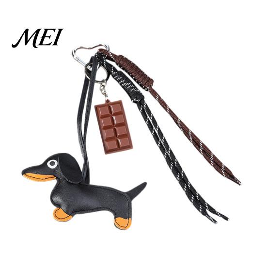 Backpack Decoration Charm Faux Leather Dachshund Keychain Pendant, Cartoon Dog Hanging Theme Key Ring Decor with Braided Rope, Handbag Decorative