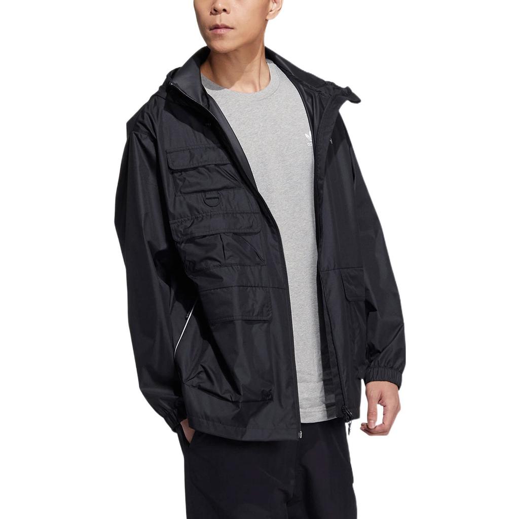 Men's adidas originals SS22 Solid Color Stand Collar Hooded Drawstring Sports Jacket Autumn Black HS2025