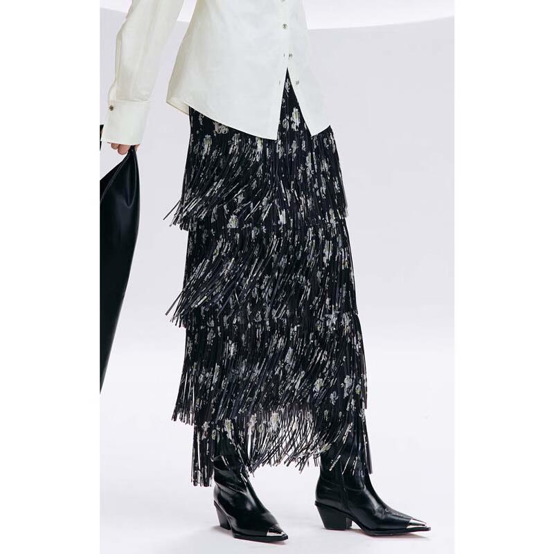 JESSIE Tassel Pleated Floral Print Midi Skirt M