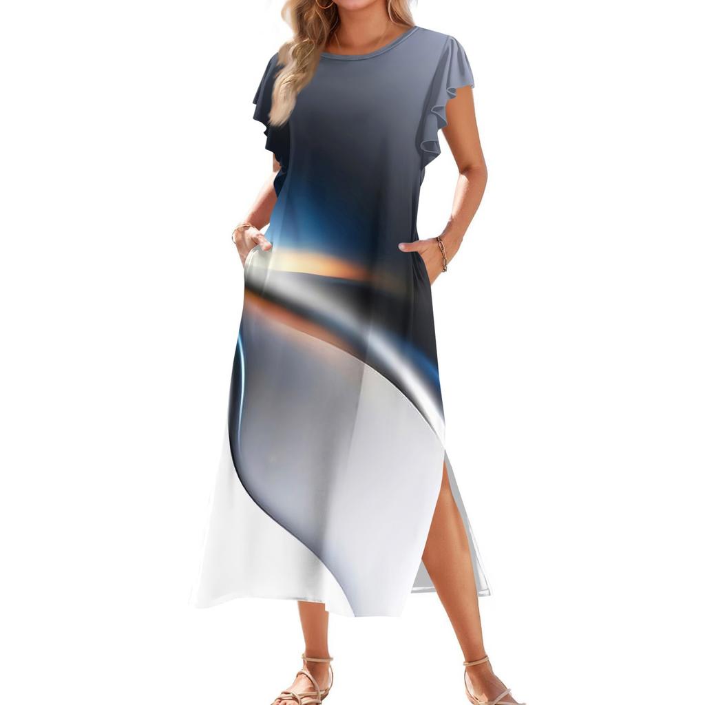 Ladies' Fashionable Summer Casual Pleated Sleeves, Loose Color Block Patchwork Printed Short-sleeved Round Tie Pocket Beach Dress