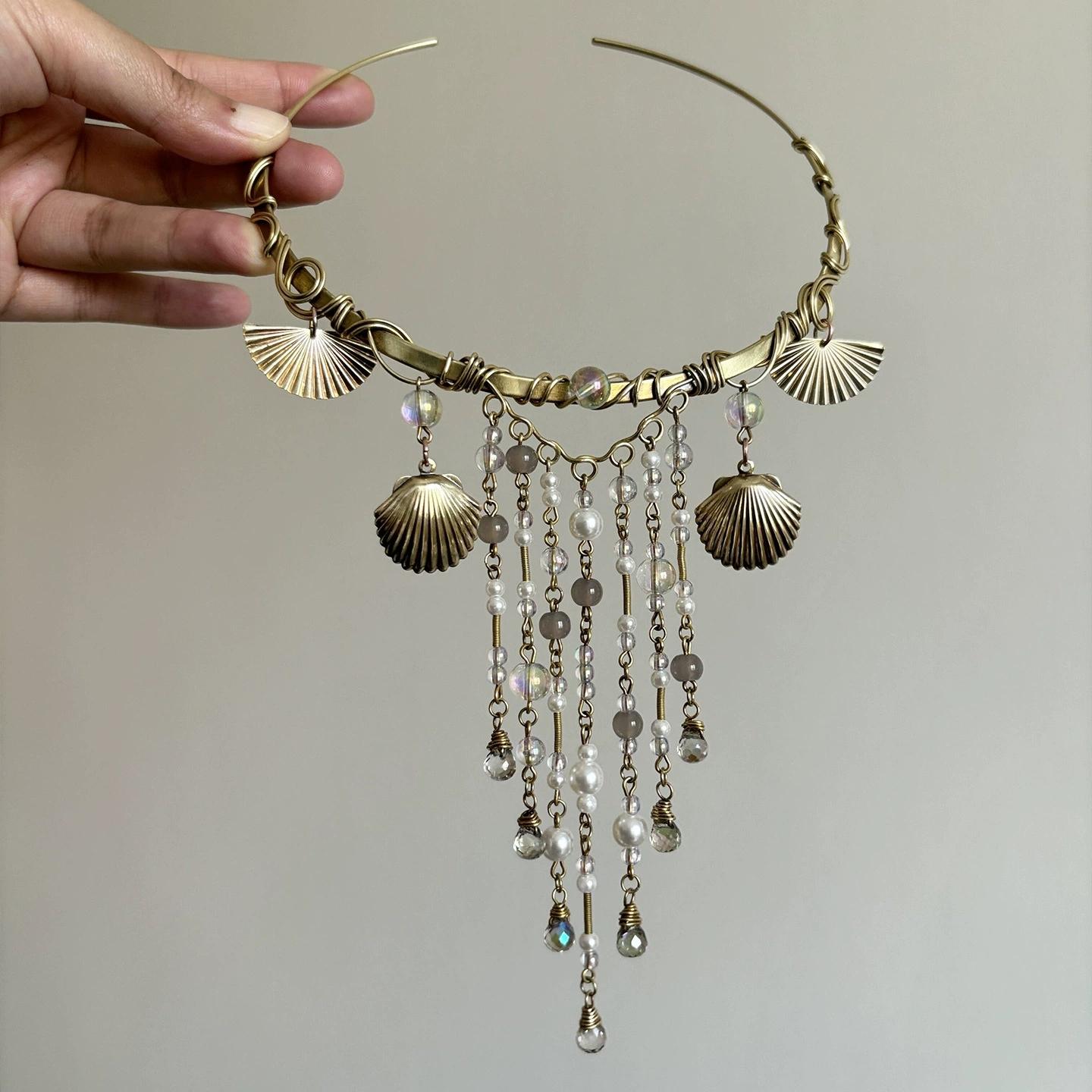 Crystal Pearl Tassel Necklace Exaggerated Collarbone Chain for Women Retro Geometric Pendant Light Luxury Personalized Jewelry