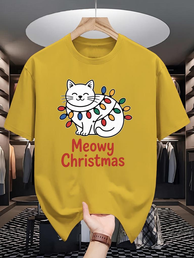 Unisex Crew Neck Tee Xmas Cat Meowy Color Lights Graphic Print Soft Cotton Loose Short Sleeve Summer Casual Male Streetwear Tops