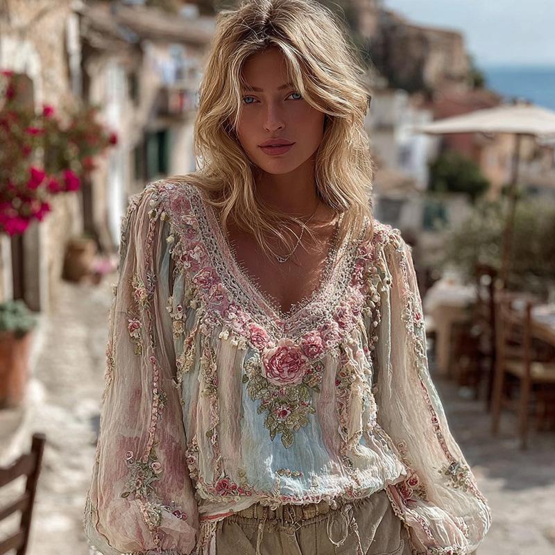 Camicetta da Donna Scollo a V Manica Lunga Vestibilità Regolare Casual Stampa Floreale Camicia Boemia