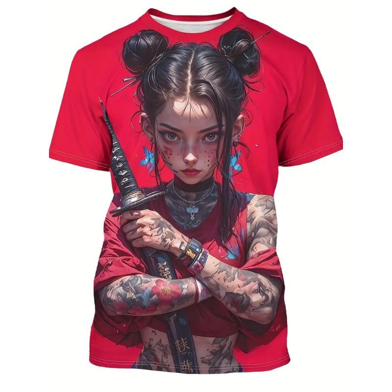 Anime Samurai Girl T-Shirts 3D Print Men's Women Short Sleeve Round Neck T Shirt Oversized