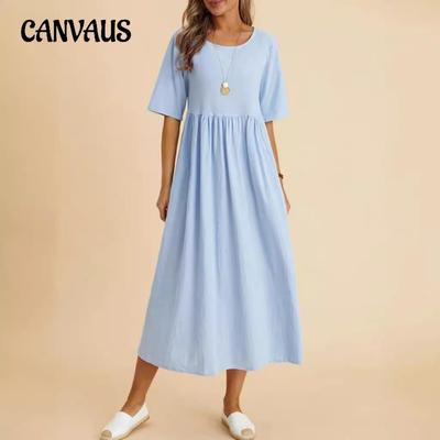 Abito da donna estivo taglie forti Abiti di media lunghezza con scollo tondo in lino di cotone sciolto