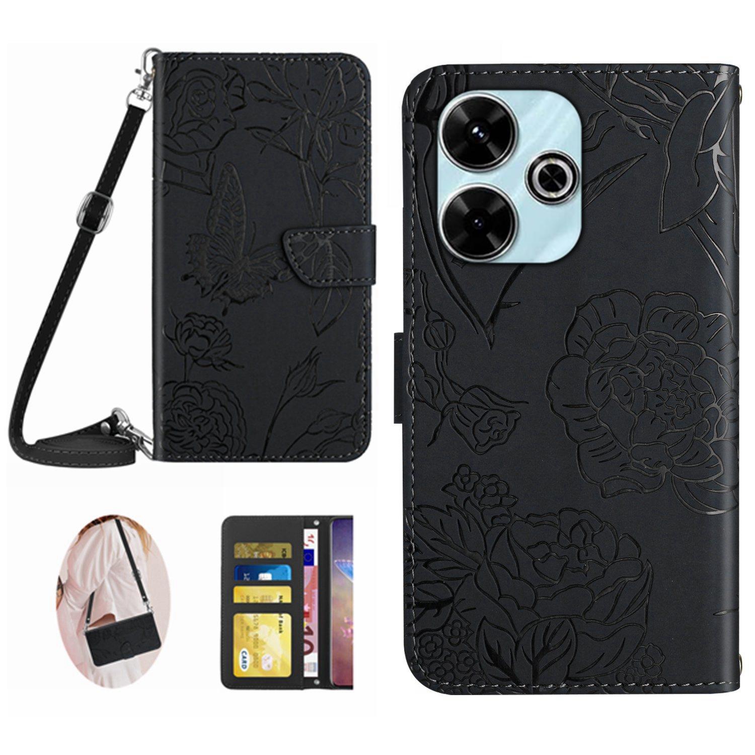 

HT03 For Xiaomi Redmi 13 5G/13 4G Case Butterfly Flowers Imprint Leather Flip Phone Cover Black