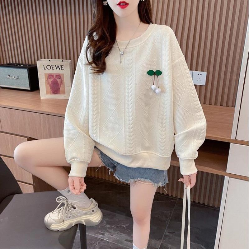 Women's Cherry Embroidered Sweater Quilted Knit Casual Long-Sleeve Top Hoodies