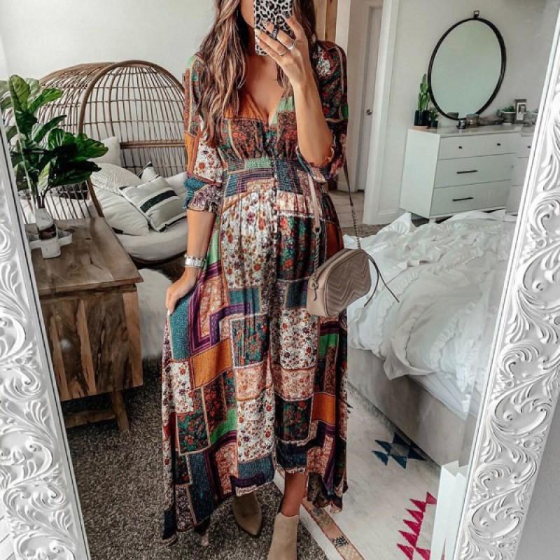 European American Bohemian New V-neck Printed Maternity Dress S