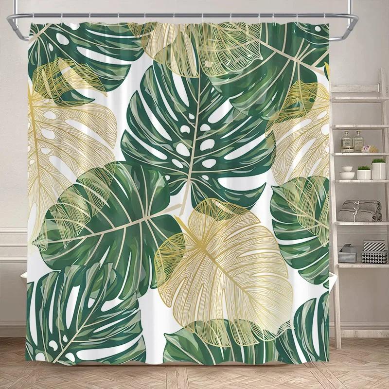 Leaves Shower Curtain Green PTropical alm Leaf Monstera Plant Bath Curtains Set Polyester Fabric Home Bathroom Decor with Hooks