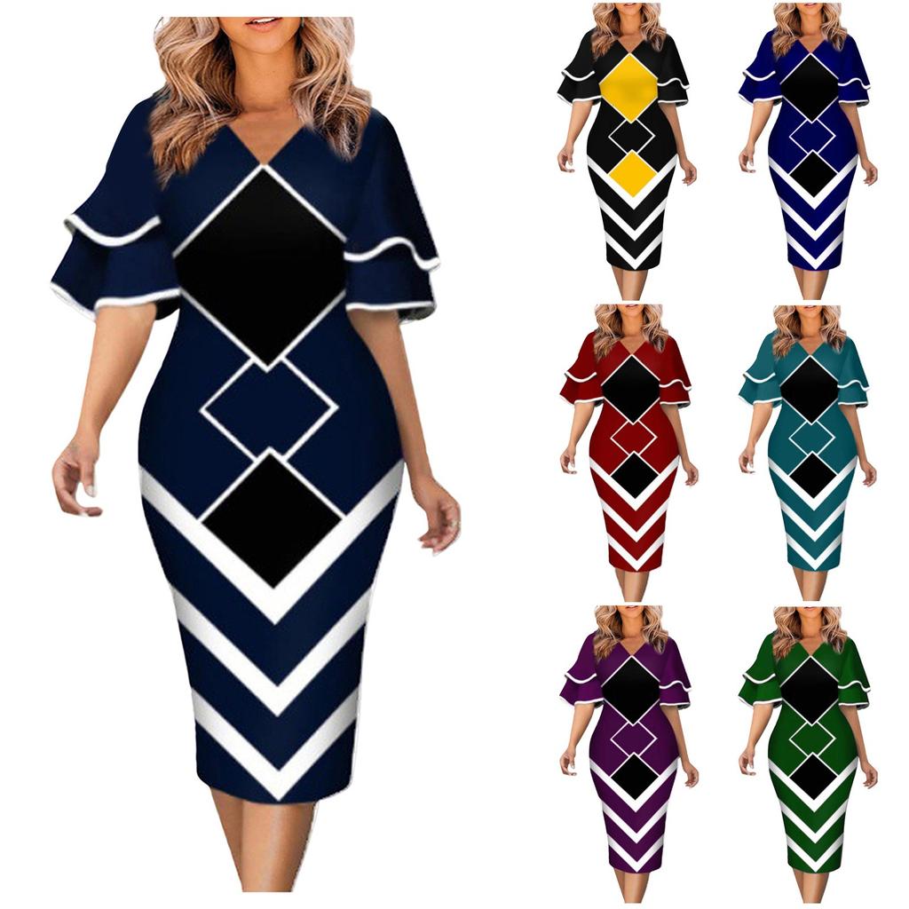 Women's Fashion Casual V-neck Flared Sleeves Large Size Printed Waist Slimming Short-sleeved Dress