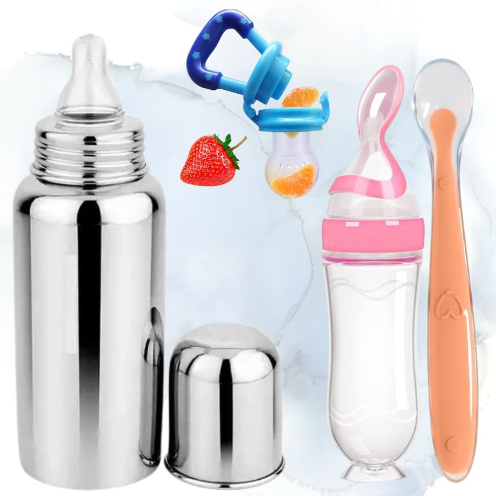 

Baby Feeding Combo – Spoon Feeder Bottle, Steel Feeding Bottle, Fruit Feeder & Silicone Spoon (Pack of 4) Pack of 4