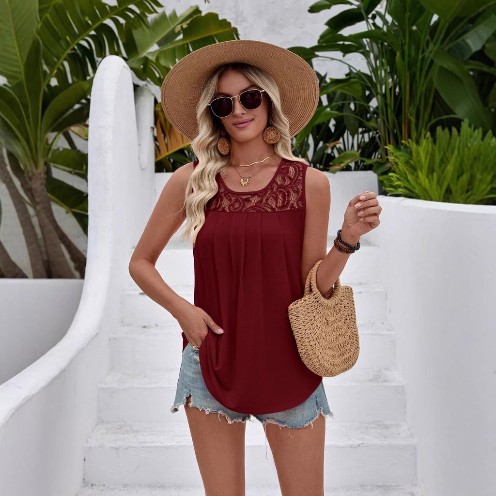 Women's Summer Sleeveless Lace Pleated Round-Neck Casual Vacation Top