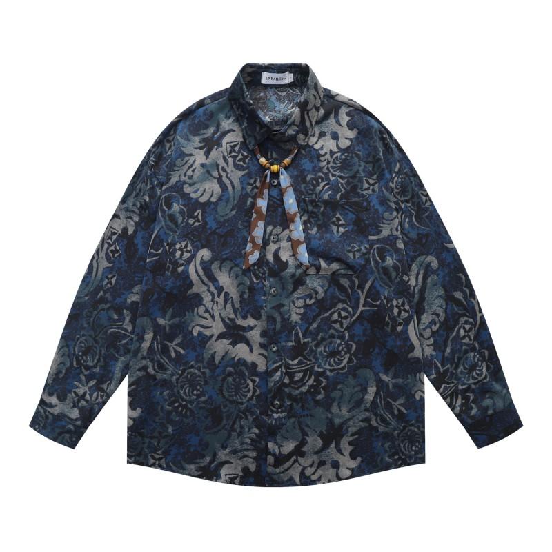 American Vintage Blue Baroque Long Sleeve Shirt Loose Casual Button-Down Top Men Women
