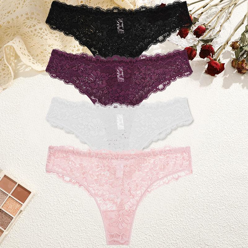 4Pcs/Set Perspective Lace Panties Hollow Out Low-waist Underwear Thongs Female Underpants Breathable Lingerie Intimates
