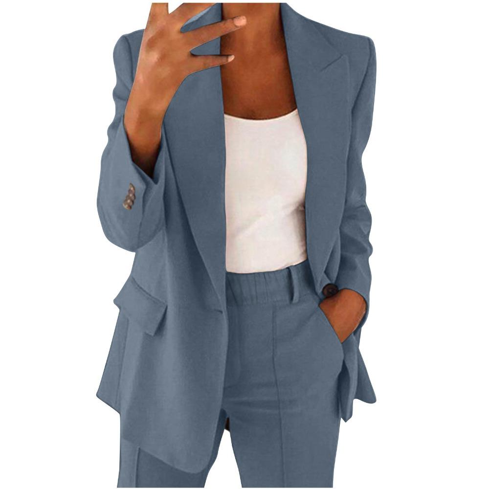Damen Revers Langarm Blazer Hose 2-teiliges Outfit Elastische Taille Einfarbig Business Casual Anzug Set