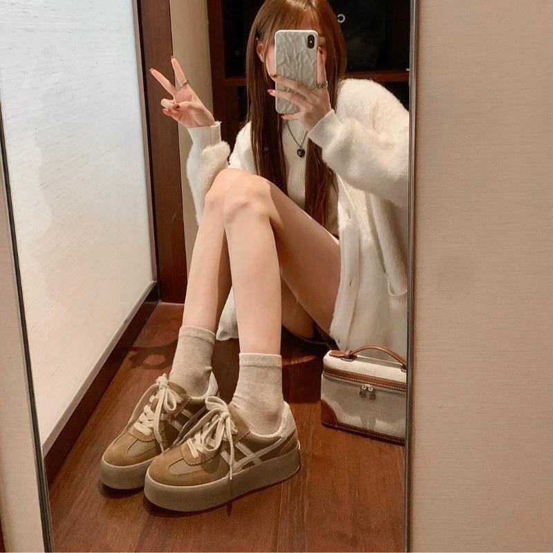 Cowhide color matching platform spring new round head lace-up casual board shoes retro ah Gan shoes