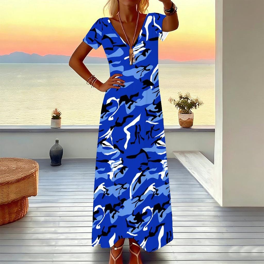 Women Plus Size V Neck Short Sleeve Maxi Dress Army Camouflage Pattern Loose Casual Summer Vacation Long Dress