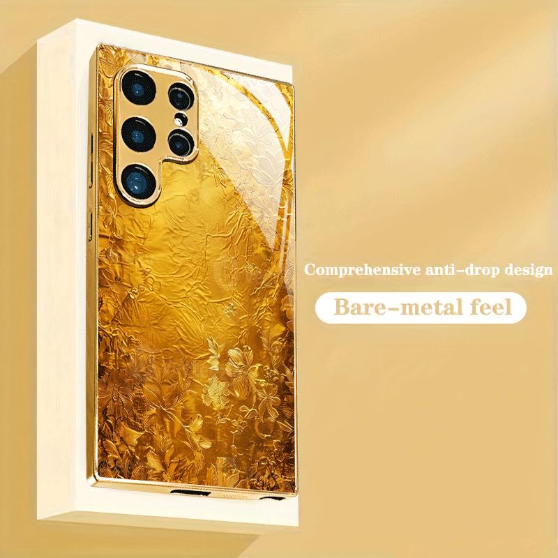 Gold-plated Tempered Glass Phone Case, Compatible Galaxy S26 S25 S24 S23 S22 Ultra Plus. Made Tempered Glass Gold Textured