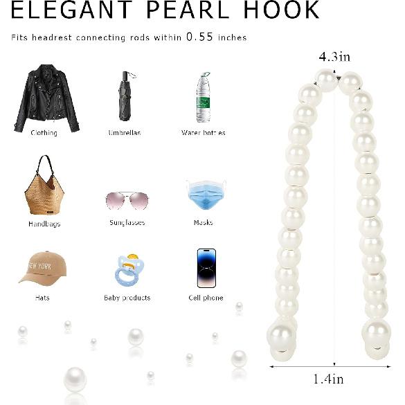 Elegant Pearl Car Seat Headrest Hook, Cute Car Seat Headrest Hanger Pearl Purse Hook Decor, Universal Auto Interior Organizer Seat Back Storage Hook