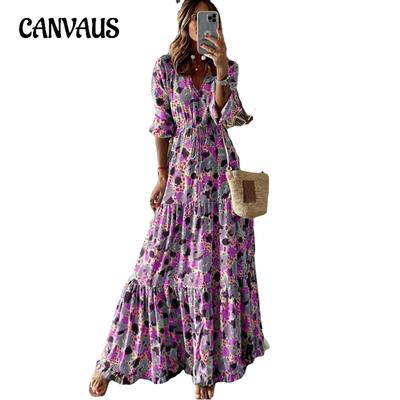 Summer Women's Dress Temperament Vacation V-neck Print Hem Long Dresses