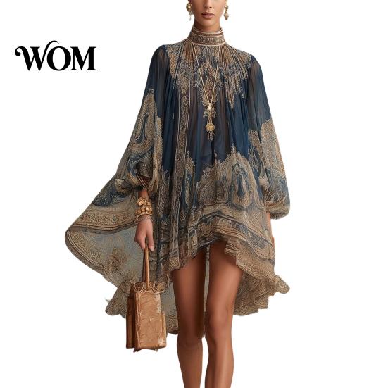 Lantern Sleeve Dress Boho Floral Print High Neck Irregular Chiffon Mini for Women, Puff Long Flowy Party Cocktail Dress, Summer Beach Vacation