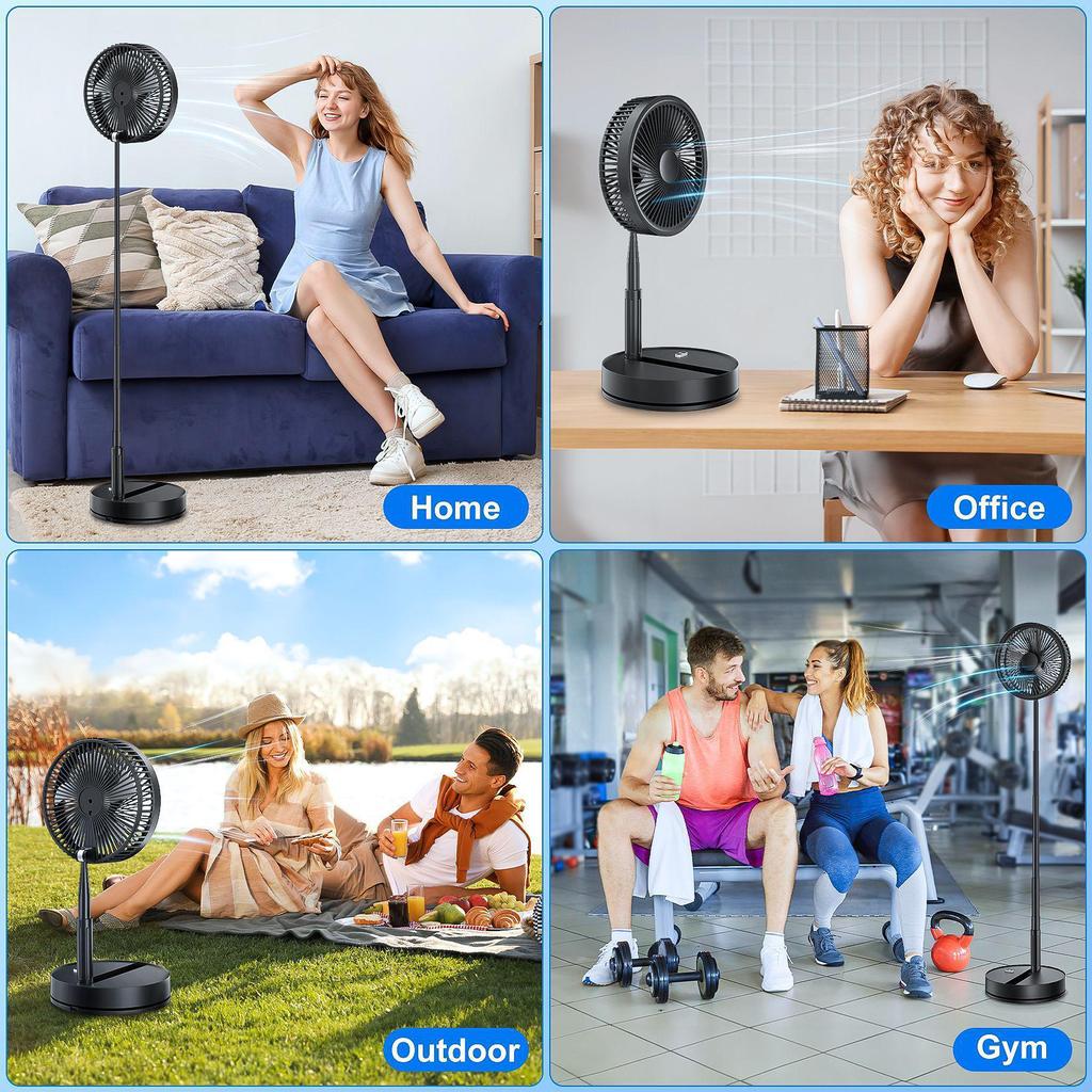 Portable Foldable Wireless Charging Fan with Silent Operation, Telescopic Design, Large Airflow, and Remote Control.