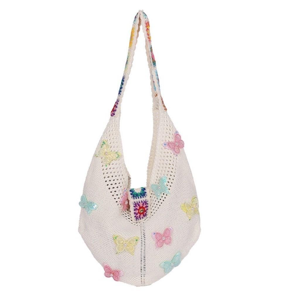 Fashion Large Capacity Women Shoulder Bag Butterfly Floral Crochet Hollow Out Knitted Handbag Vintage Multicolor Crossbody Bags