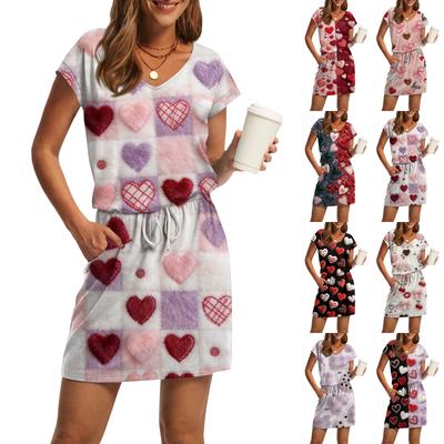 Women's V,Neck Short,Sleeve Drawstring Pocket Valentine's Day Print Casual Dress