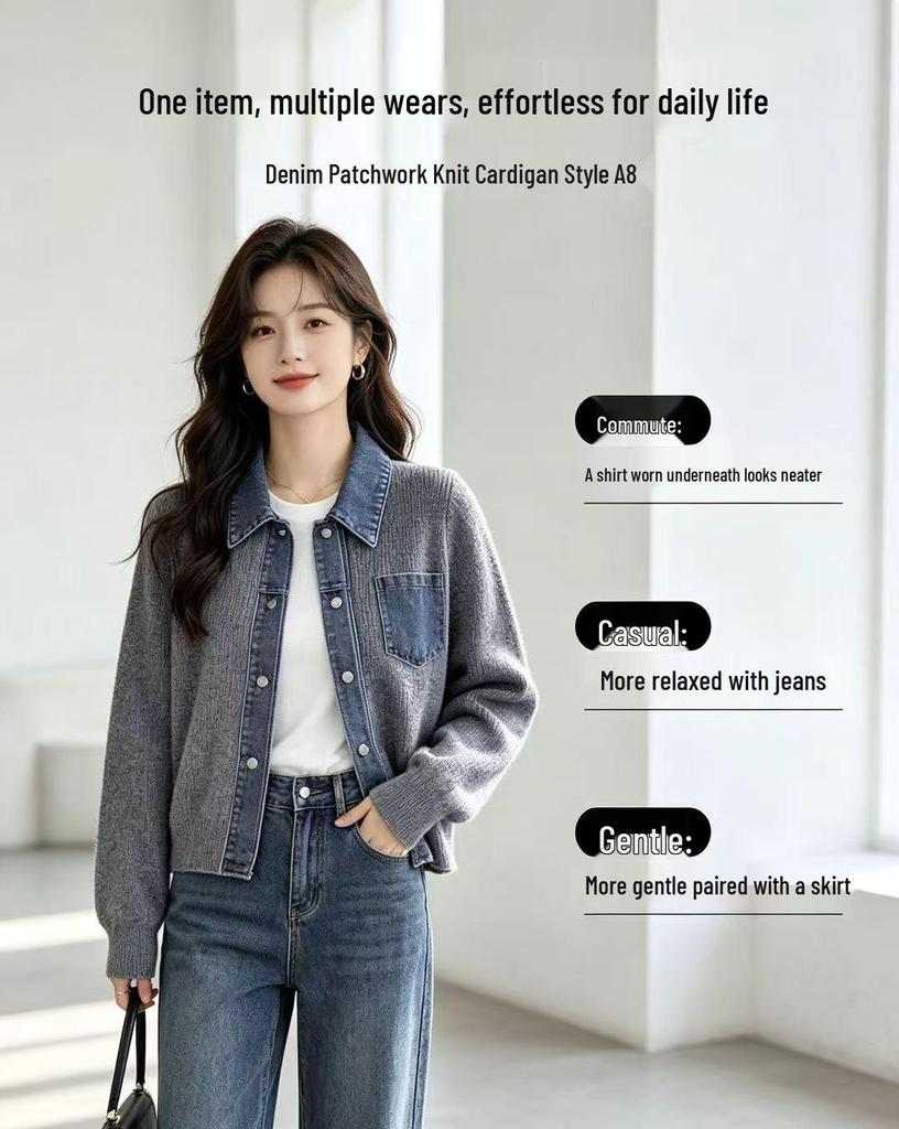 Korean-Style Denim Knit Polo Cardigan: Women's Loose-Fit Fashionable Autumn/Winter Sweater