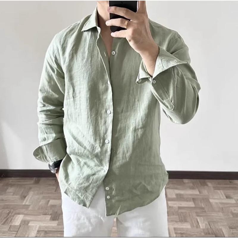 Men Loose Breathable Solid Color Long Sleeve Casual Linen Shirt