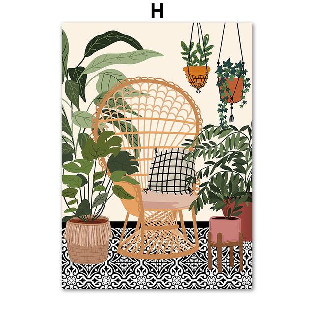 Boho Green Monstera Leaf Leopard Tub Sofa Wall Art Canvas Painting Nordic Posters And Prints Wall Pictures For Living Room Decor