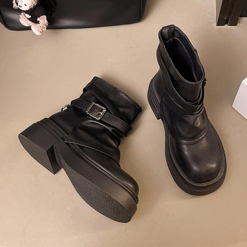 Knöchelhohe Stiefel für Damen mit mittleren Absätzen Designerschuhe Schnalle Trend Winterstiefel Neu Walking-Plateau Leder Sport Mujer Botas