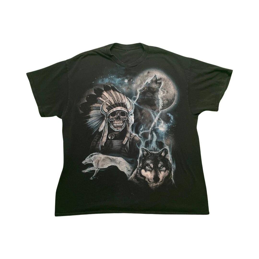 Vintage 90 s Wolf Moon Indian Native American Chief Skeleton Shirt 2XL Gildan. S