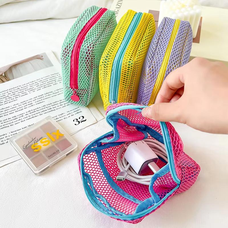 1pcs Square Mesh Cosmetic Bag Portable Dopamine Color With Zipper Multi-Purpose Mesh Toiletry Sundries Storage Key Cosmetics Bag