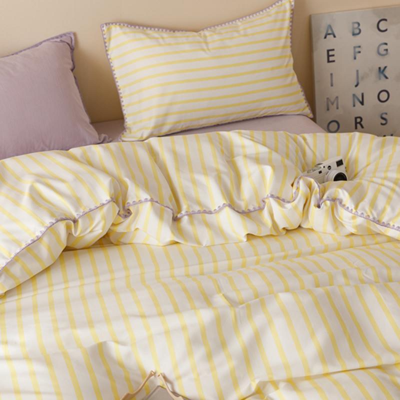 Yellow Stripe Bedding Set Protein Durable Washed Cotton Block Shell Embroidery Comforter Warm Cover Full Size with Pillowcases