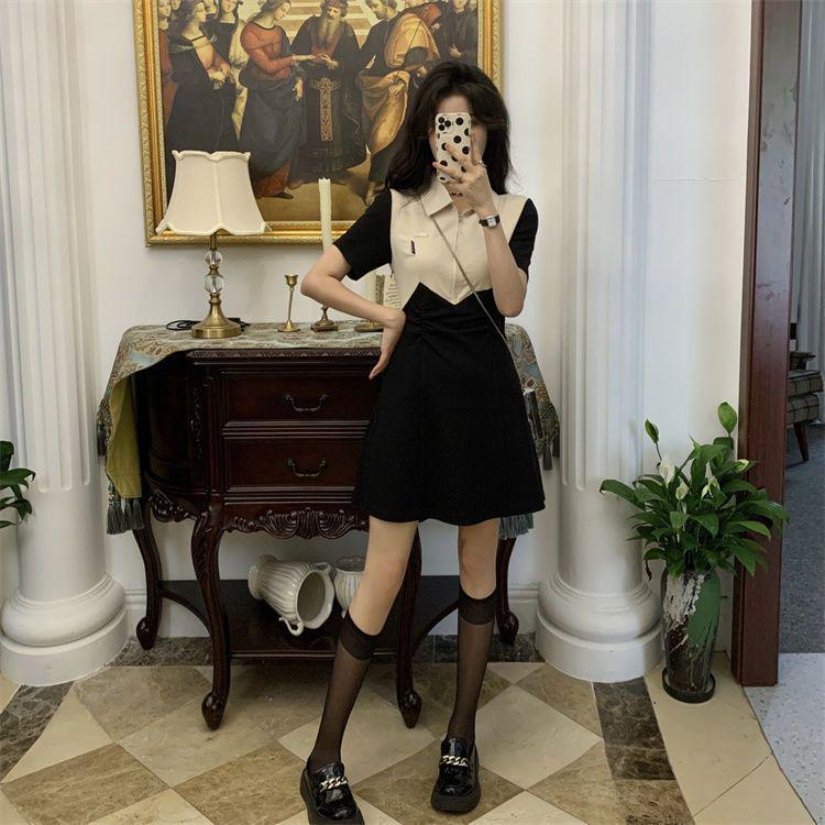 Color Block Polo Neck Slimming Dress with Waist-cinching Zipper and Slit for Women - Summer Collection
