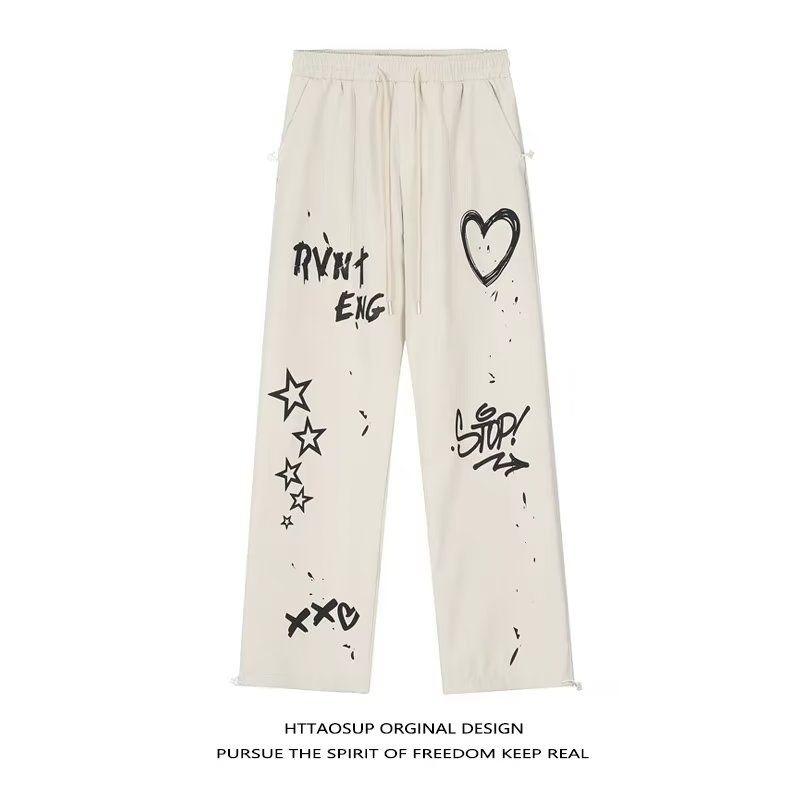 Autumn Elegant Fashion Harajuku Slim Fit Ropa Hombre Loose Casual All Match Wide Leg Pants Printed Pockets Straight Leg Pants