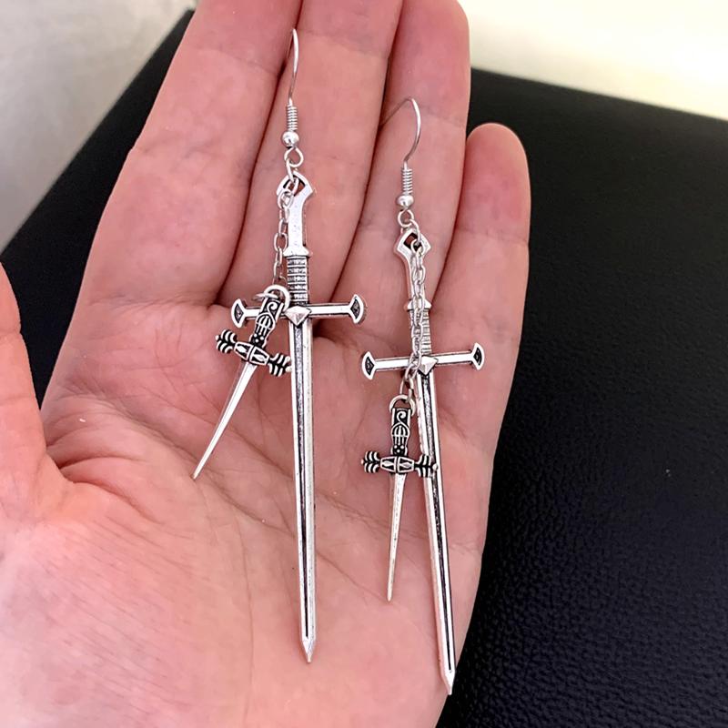 Swords Moon Earrings Witchy Warrior Pagan Viking Gothic Silver Color Gift for Women