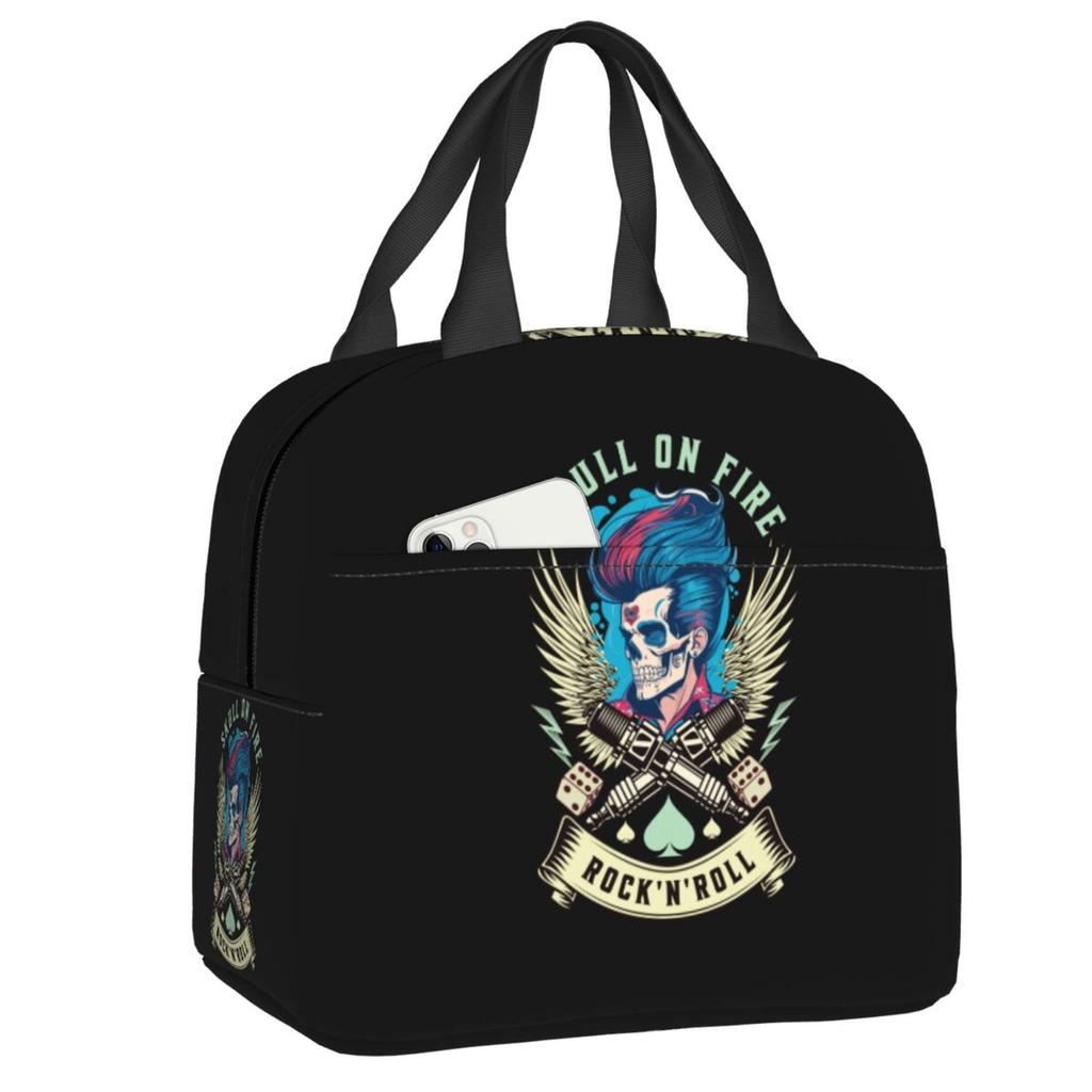 Rockabilly Music Rock N Roll Bikers Skull Rockers Psychobilly Thermal Insulated Lunch Bag Women Portable Lunch Tote Food Box