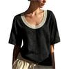 Women Vintage Short Sleeve Linen Cotton Blouse U Neck Lace Trim Casual Loose Fit Summer Top