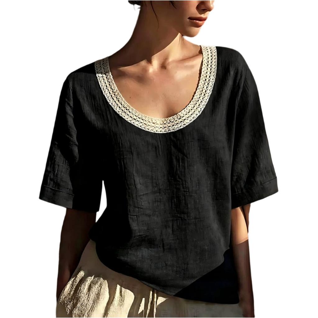 Women Vintage Short Sleeve Linen Cotton Blouse U Neck Lace Trim Casual Loose Fit Summer Top