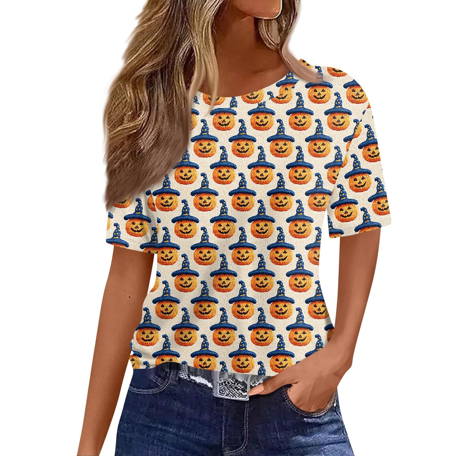 

Women s Fashionable Casual Short Sleeve Halloween Print Round Neck Pullover Top XXL помаранчевий
