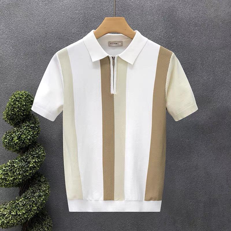 Men's Trendy British Color Block Stripe Ice Silk Polo Shirt