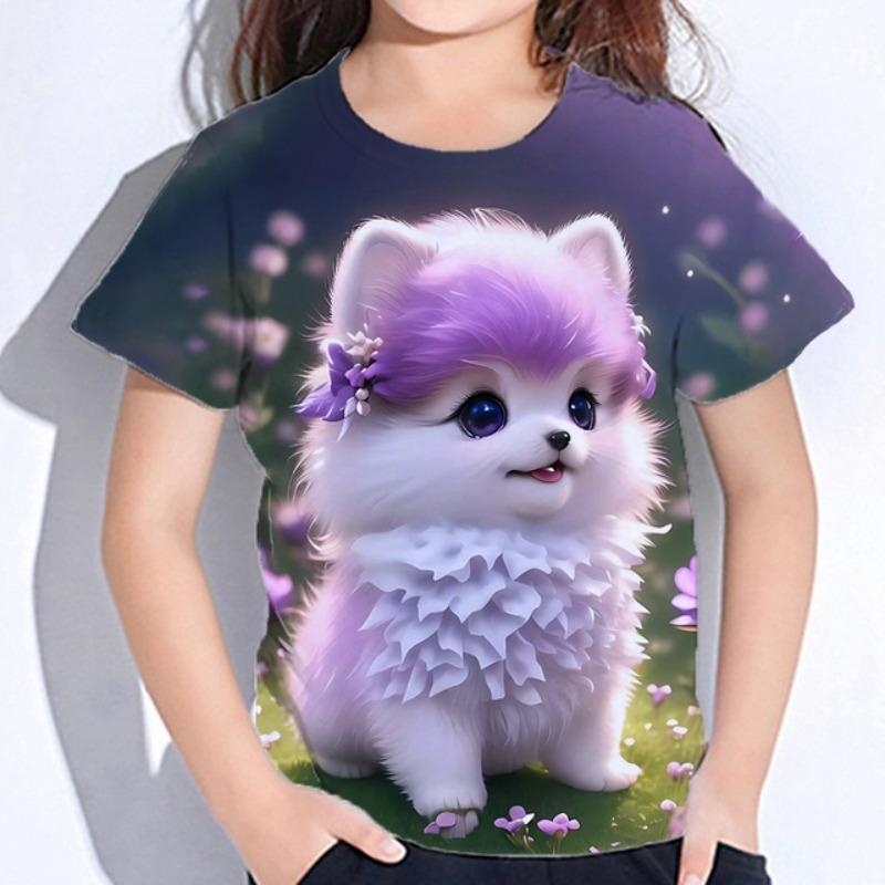 Detské Oblečenie Blúzka pre Dievčatá Kawaii Mačička Krátky Rukáv Tričko Potlač Chlapčenské Oblečenie Polyester Dievčenské Tričko Detské Tričko