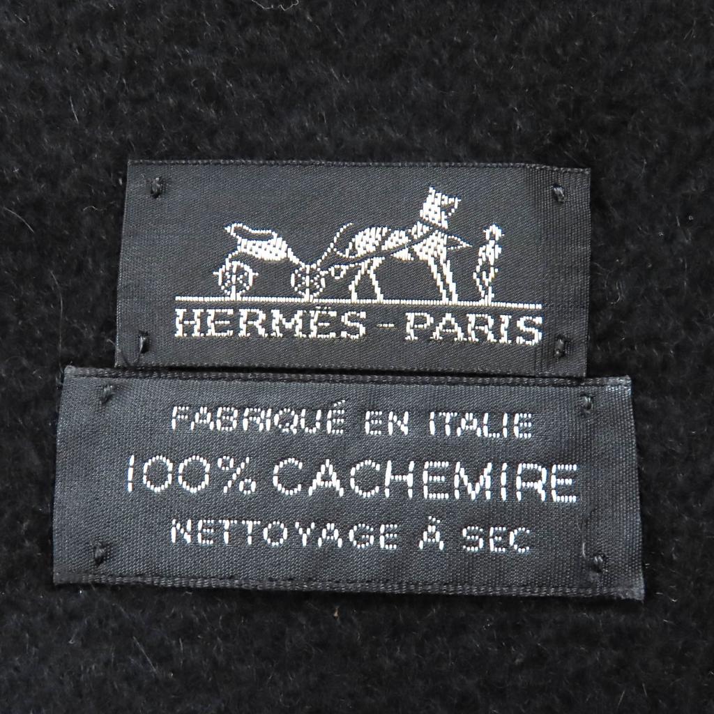 Great HERMES Logo embroidered fringe extra large shawl stole black cashmere Used