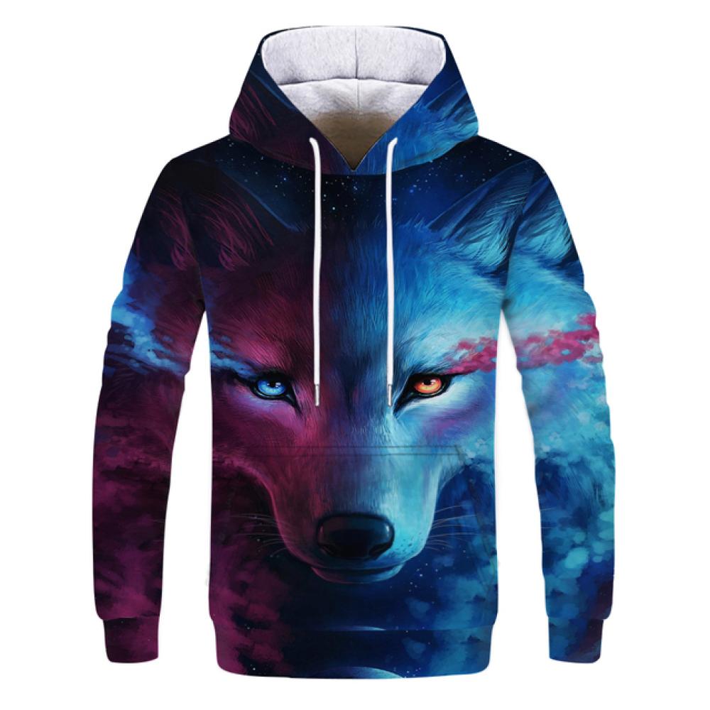 Spring Autumn Men's Junior Wolf Hoodie Fashion 3D Wolf Printing Loose Streetwear Funny Animal Street Hip Hop Casual Sweatshirt