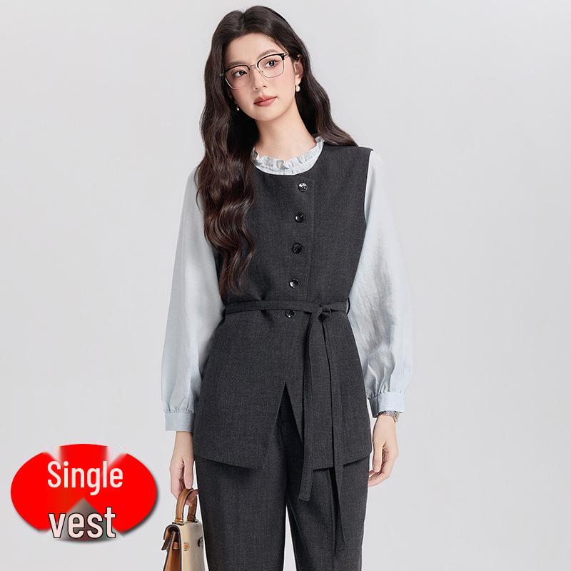 Elegant Women s Spring Suit Jacket & Pants - Professional Round Neck Mid-Length Large (L)