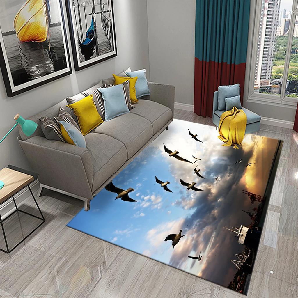 3D Migratory Birds Carpet Sunset Seaside Birds Rugs for Kitchen Bathroom Anti-Slip Carpet Living Room Bedroom Floor Decor Mats