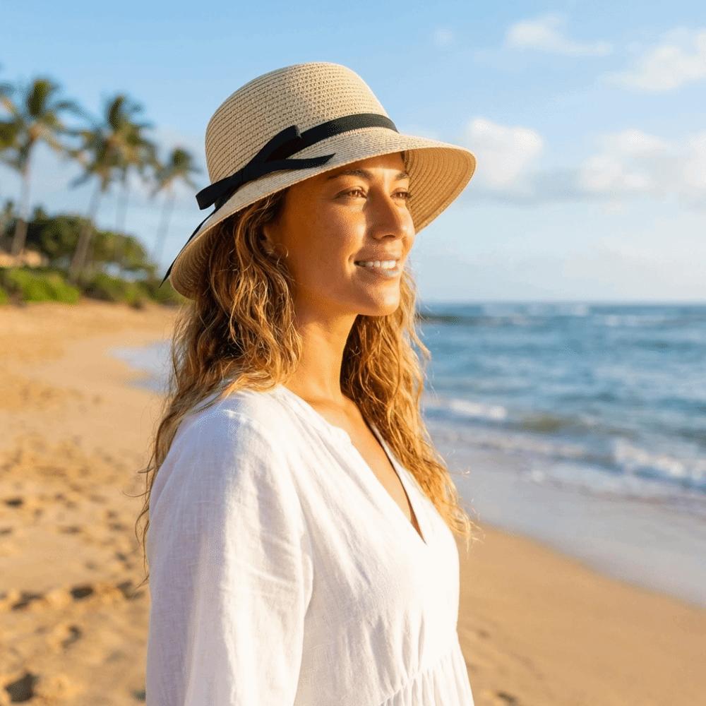 Portable Bow Straw Weave Sun Hat Wide Brim Bohemian Sunscreen Bucket Hat Face Slim Large Fisherman Hat Ladies/Girls